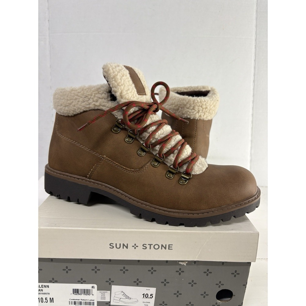 Sun + Stone Glenn Boots Brown Faux Leather Sherpa Memory Foam Bootie Men's 10.5M